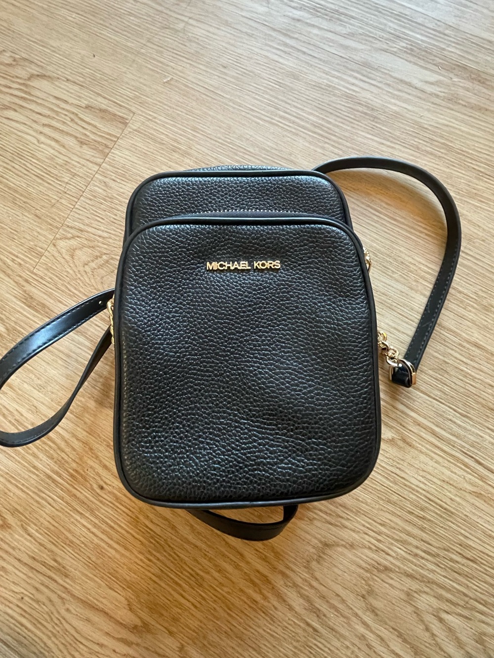 Michael Kors Black Pebbled Leather Messenger Crossbody Bag with Gold Logo